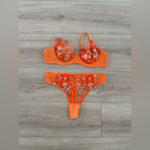 Orange Floral Embroidered Lingerie Set